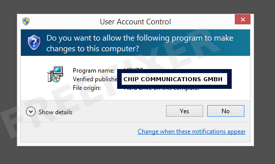 Screenshot where CHIP COMMUNICATIONS GMBH appears as the verified publisher in the UAC dialog